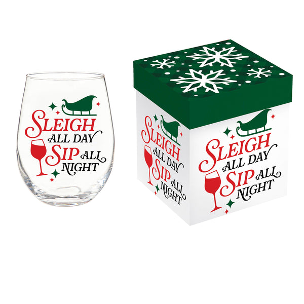 Christmas Vacation Wine Glass Stemless Glass, Sleigh All Day