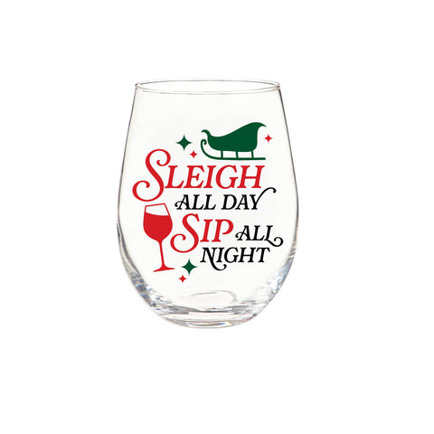 Christmas Vacation Wine Glass Stemless Glass, Sleigh All Day
