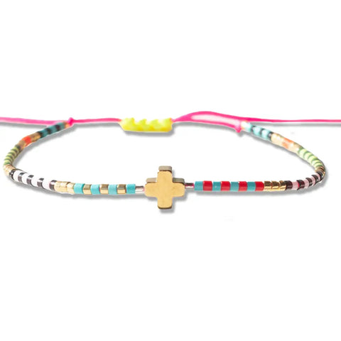 Faith Over Fear Beaded Cord Bracelet with Cross