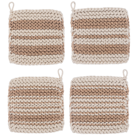 Cotton Crochet Tan Stripe Pot Holder Set