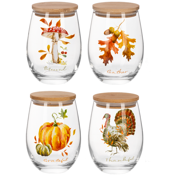 Harvest Stemless Wine Glasses w/Wood Lid
