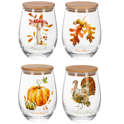 Harvest Stemless Wine Glasses w/Wood Lid