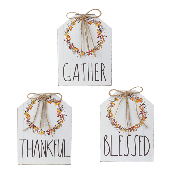 "Thankful, Gather, Blessed" with Autumn Wreath Tabletop Sign