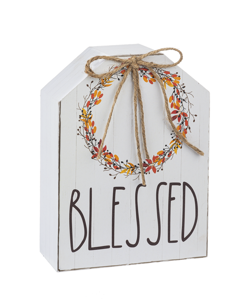 "Thankful, Gather, Blessed" with Autumn Wreath Tabletop Sign