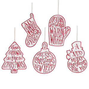 Red & White Embossed Holiday Icon with Text Ornament