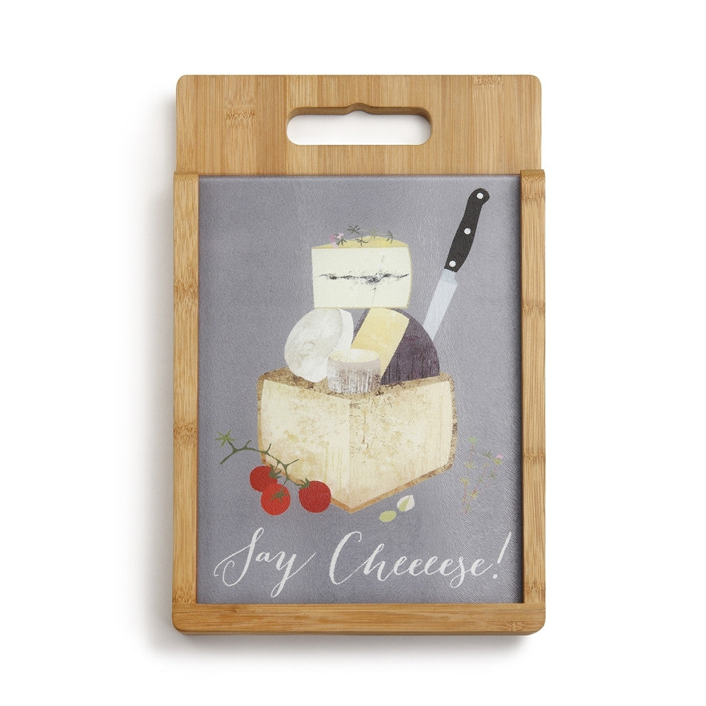 Wood and Glass Cutting Board Set Say Cheese