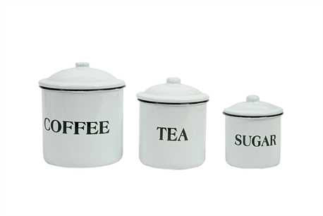 Enameled Metal "Coffee", "Tea" & "Sugar" Containers