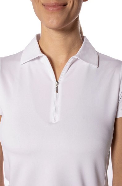 White Short Sleeve Zip Stretch Polo