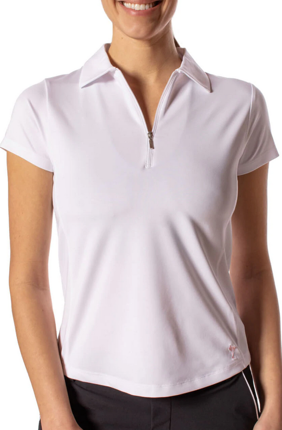 White Short Sleeve Zip Stretch Polo