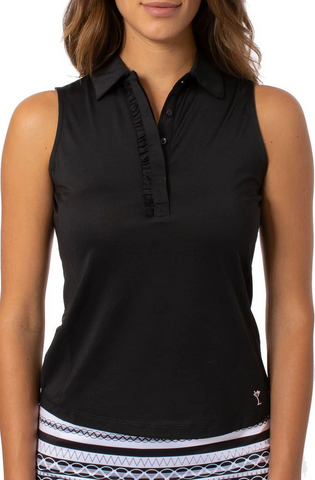 Black Sleeveless Ruffle Stretch Polo