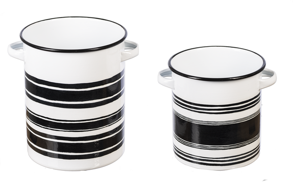 Black & White Striped Enamel Container with Handle