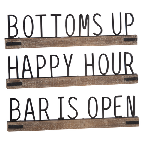 "Happy Hour, Bar is Open, Bottoms Up" Tabletop Sign with Wall Hangers