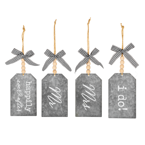 Galvanized Wedding Text Tags with Beaded Hanger & Ribbon