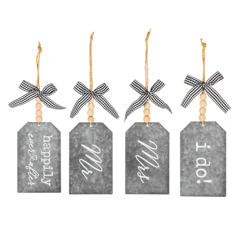 Galvanized Wedding Text Tags with Beaded Hanger & Ribbon