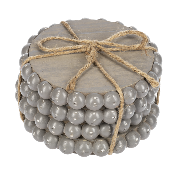 Greywash Round Wood Beaded Coaster (4 pc. set)