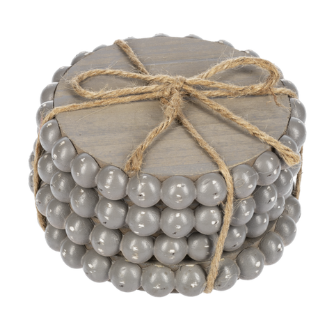 Greywash Round Wood Beaded Coaster (4 pc. set)