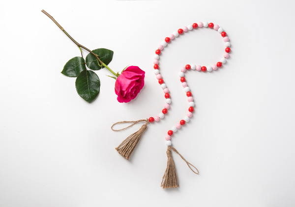 Valentines Wood Beaded Garland with Tassel