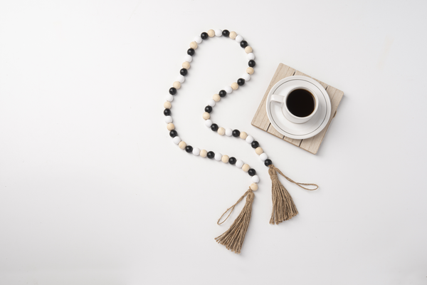 White, Natural, Black Wood Beaded Garland with Tassel