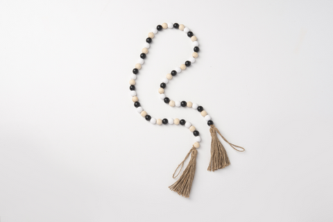 White, Natural, Black Wood Beaded Garland with Tassel