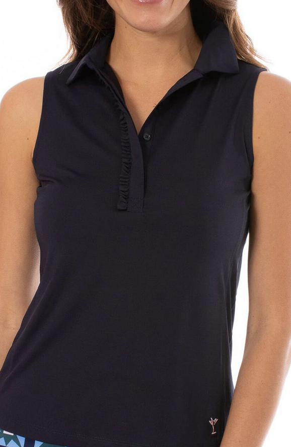 Navy Sleeveless Ruffle Stretch Polo