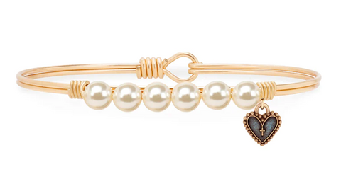 Luca + Danni Crystal Pearl Rosary Heart Bangle Bracelet