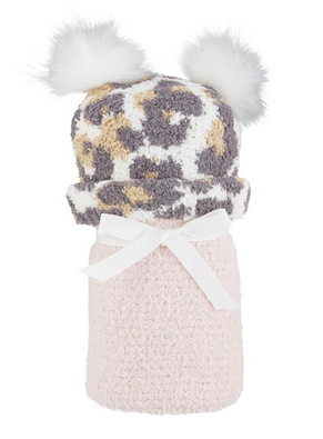 Chenille Leopard Hat & Blanket Sets