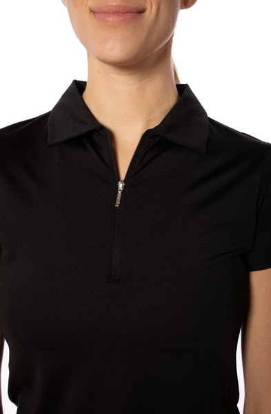 Black Short Sleeve Zip Stretch Polo
